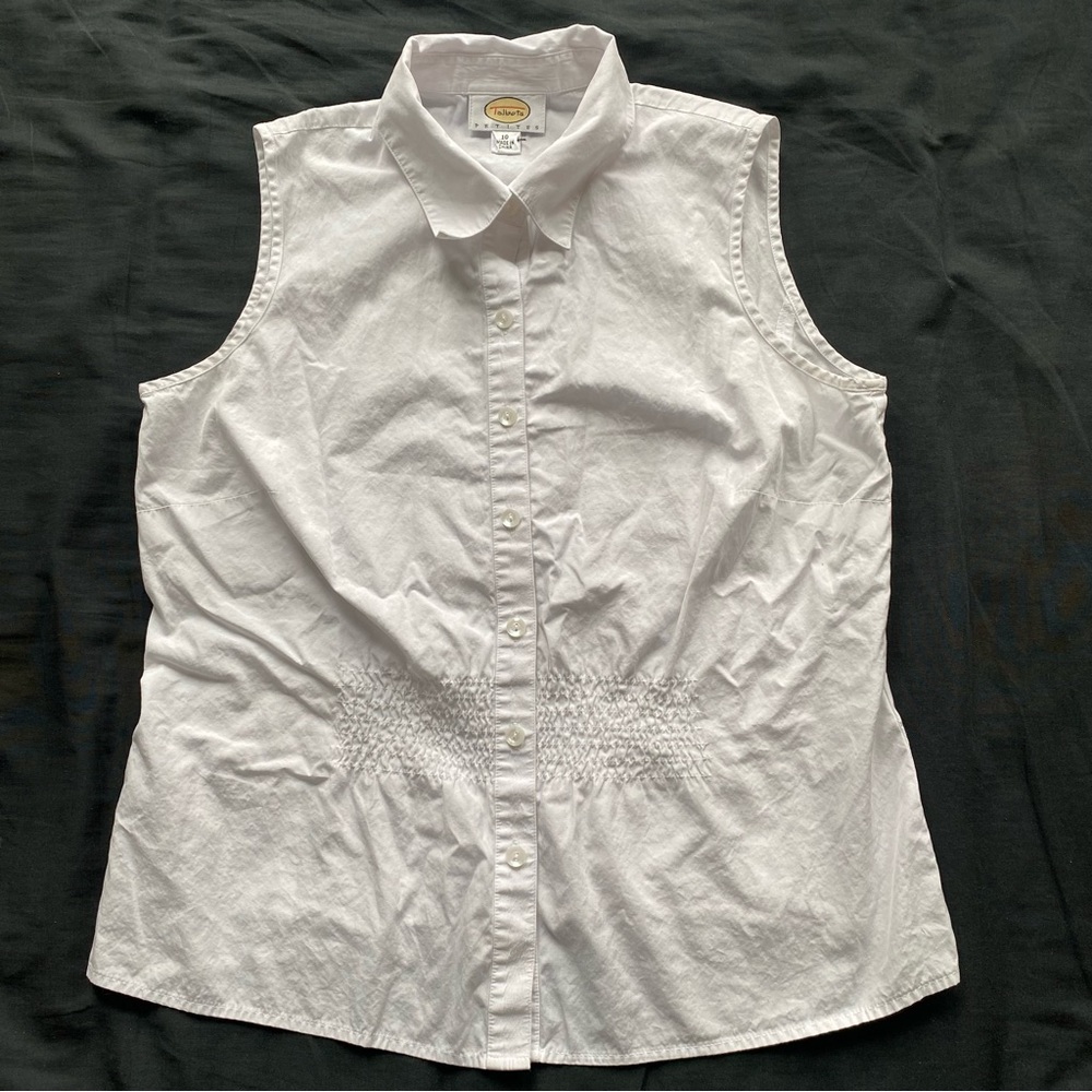 Talbots White Sleeveless Button-Down Shirt with Smocked Waist
